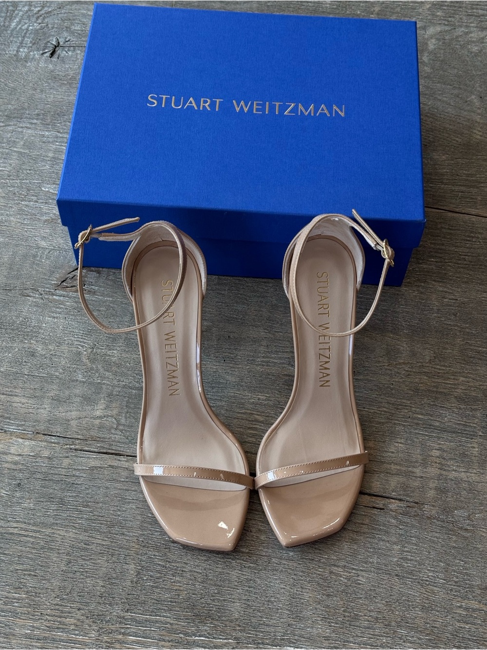 Stuart Weitzman Patent Nude Ankle-Strap Sandals